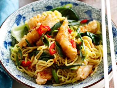 Crispy chilli fish and noodles
