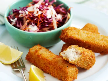 Crispy fish fingers with apple coleslaw
