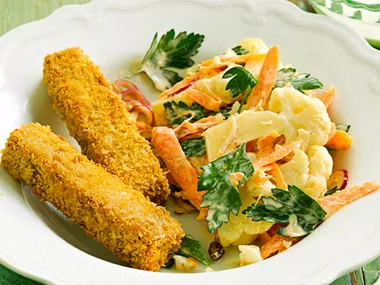 Crumbed tempeh with cauliflower slaw