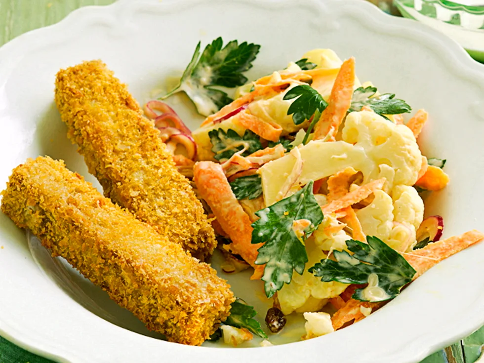 Crumbed tempeh with cauliflower slaw