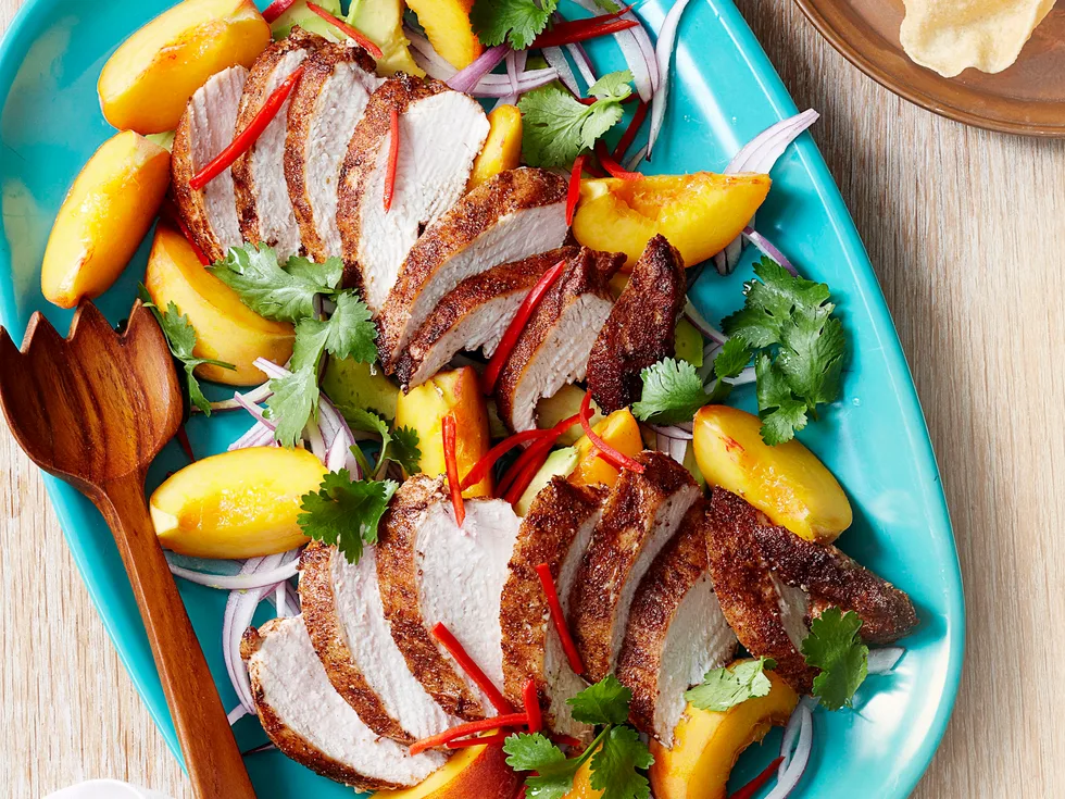 Curried chicken and peach salad