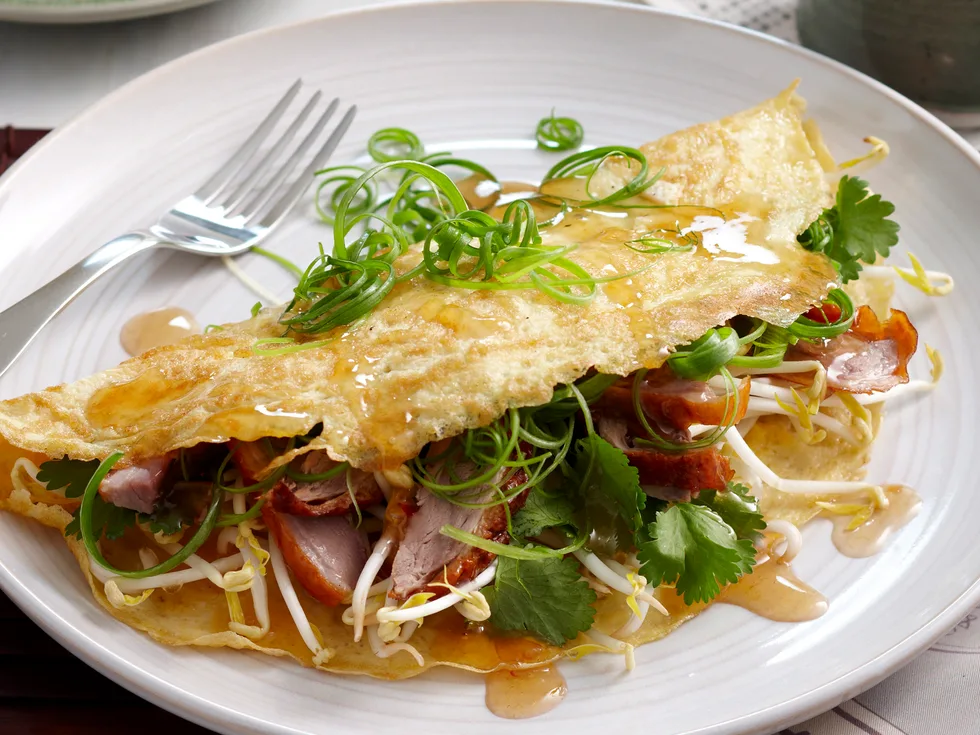 Duck, bean shoot and coriander omelette