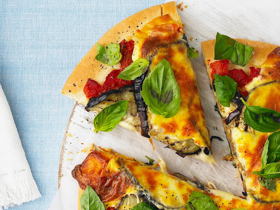 Eggplant and basil pizzas