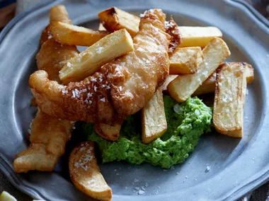 Fish, chips and mushy peas