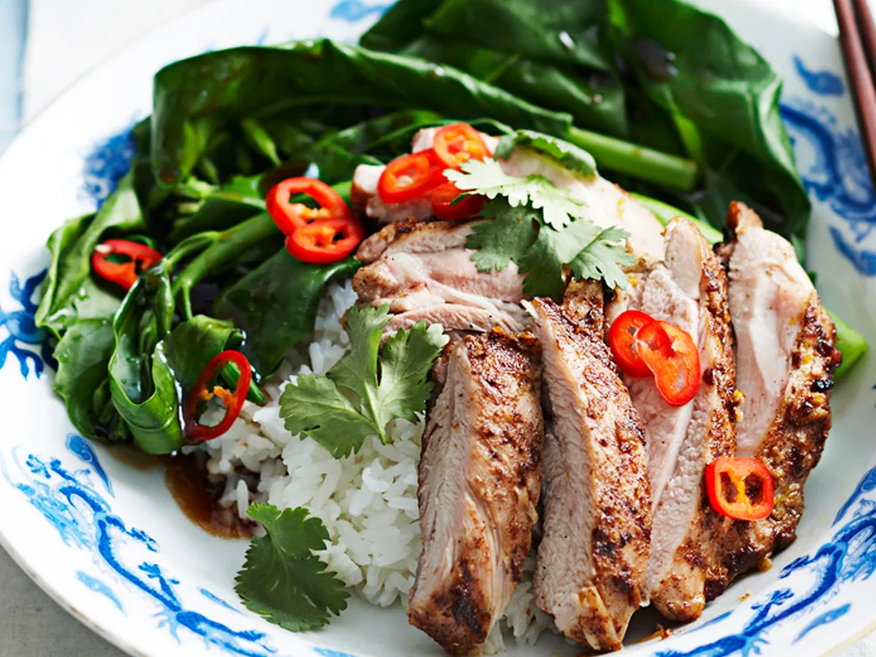 Five-spice chicken with Asian greens