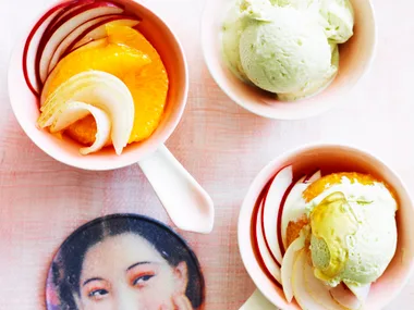 Fruit salad with ginger and green tea ice-cream