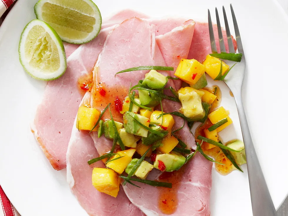 Ham with avocado and mango salsa