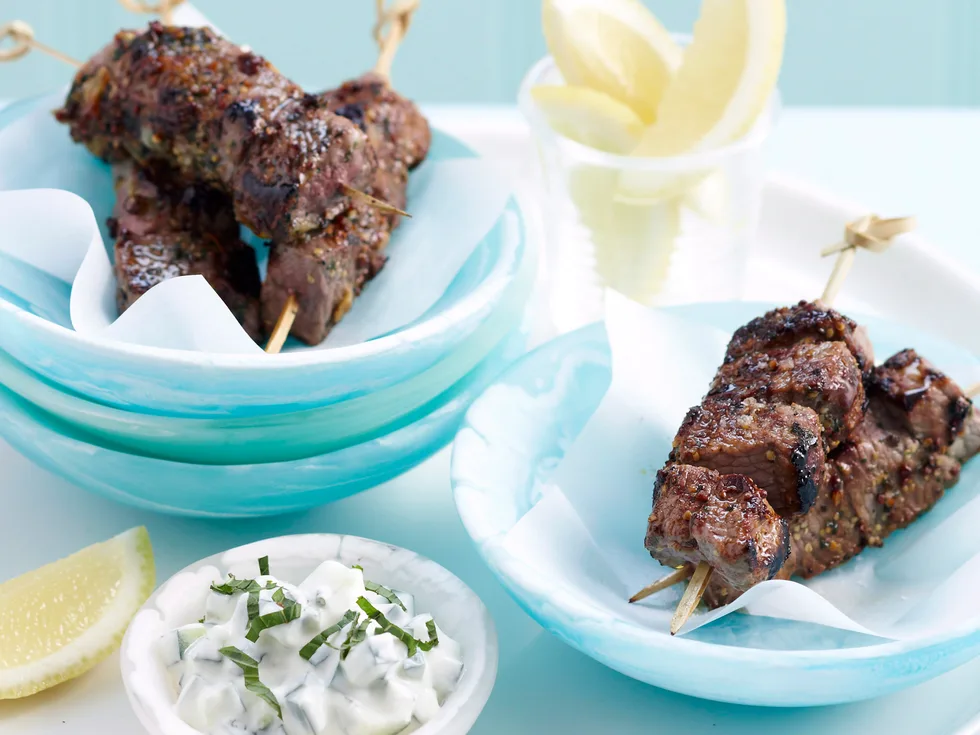 Honey and mint lamb skewers with tzatziki
