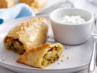 Indian vegetable pasties and raita