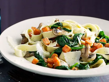 Pappardelle with kumara, mushrooms and spinach