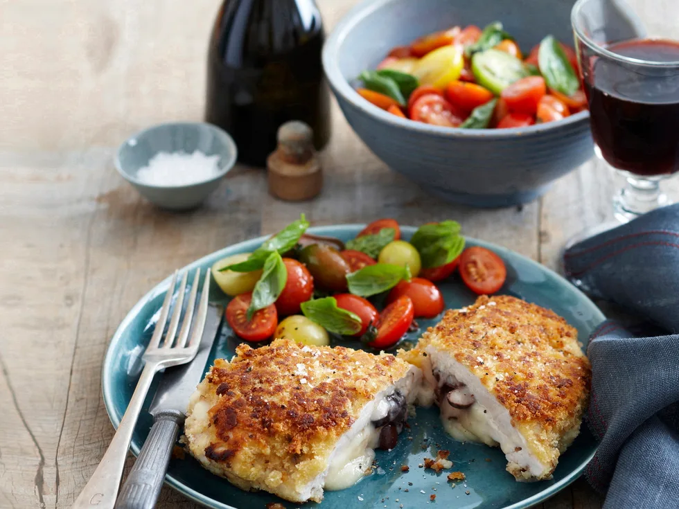 Provolone and olive stuffed chicken schnitzel