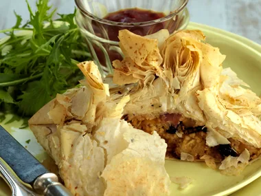 Pumpkin, eggplant and spinach parcels