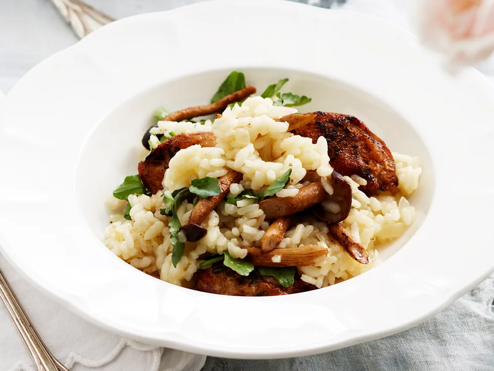 Quail, mushroom and watercress risotto
