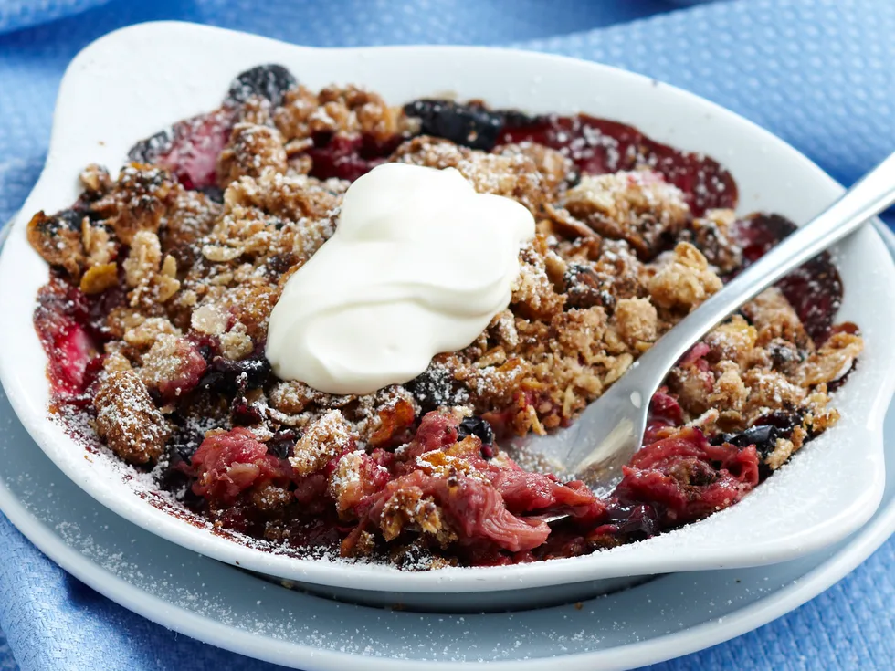 Rhubarb and blueberry crumbles