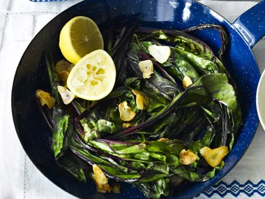 Roast beetroot and sauteed beetroot leaves