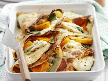 Roast pumpkin and spinach crepes