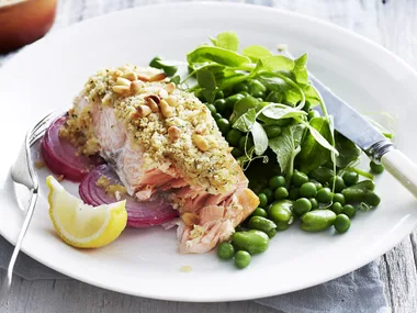 Roast salmon with pine nut crumb