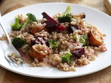 Roasted autumn vegetable barley with almond sauce