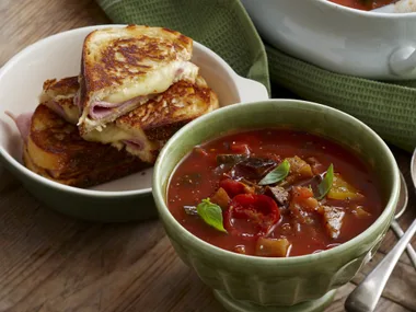 Roasted ratatouille soup with croque monsieur
