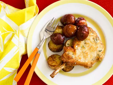 Rosemary pork cutlets with maple plums