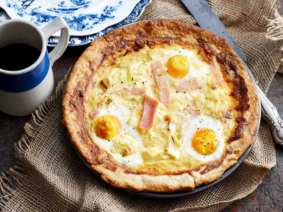 Rustic bacon and egg pie with feta