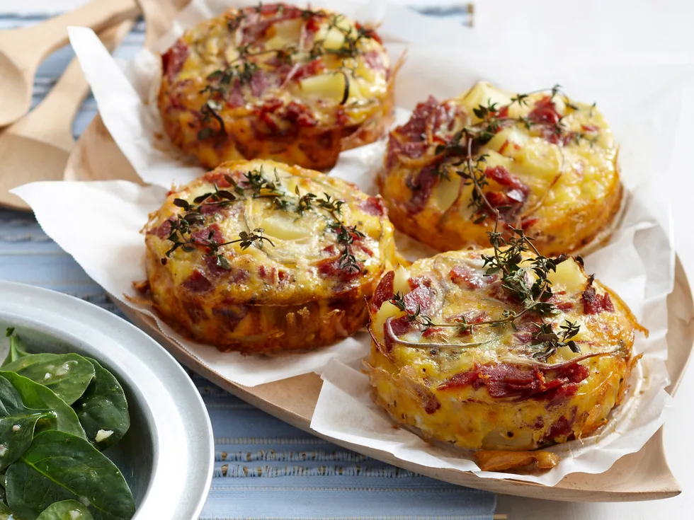 Salami frittatas and spinach salad