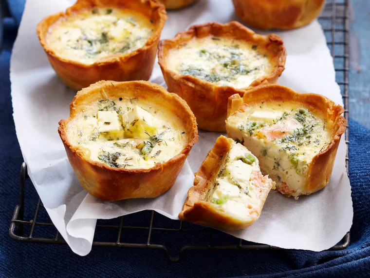 Salmon and pea quiches