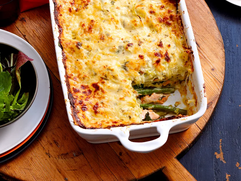 Salmon, leek and asparagus lasagne