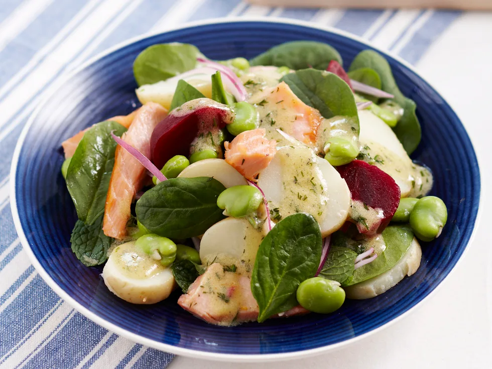 Smoked salmon, potato and broad bean salad