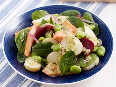 Smoked salmon, potato and broad bean salad
