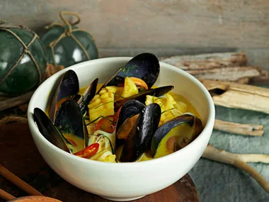 Spicy coconut mussels and squid