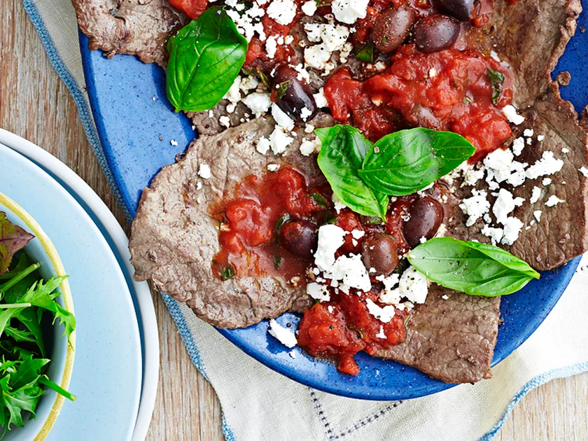 Steak pizzaiola with crumbled feta recipe