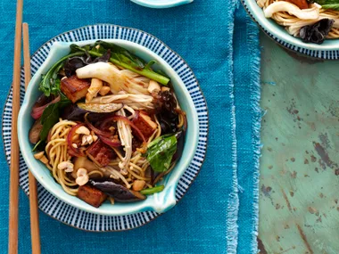 Stir-fried eggplant, tofu and mushrooms