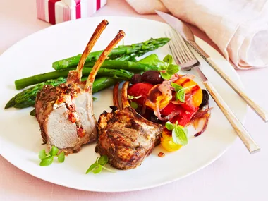 Stuffed lamb rack with baby tomato salsa