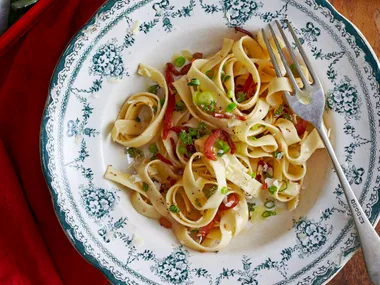 Tagliatelle with bacon, anchovies and thyme