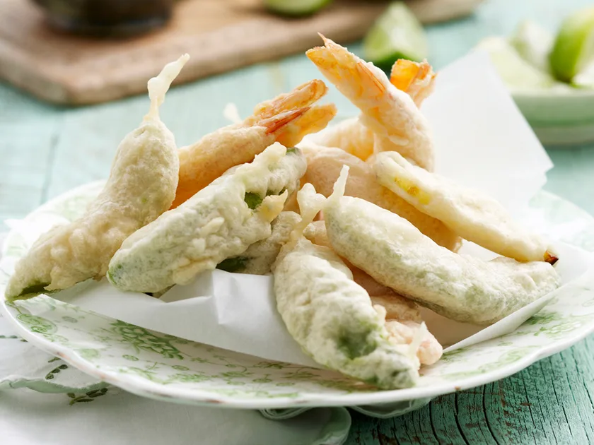 Tempura avocado and prawns