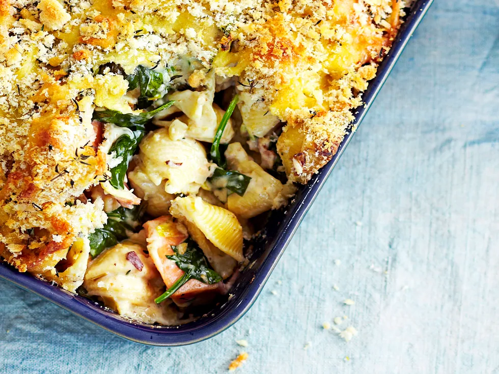 Creamy bacon and kumara pasta bake