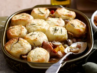Creamy chicken and leek casserole with dumplings
