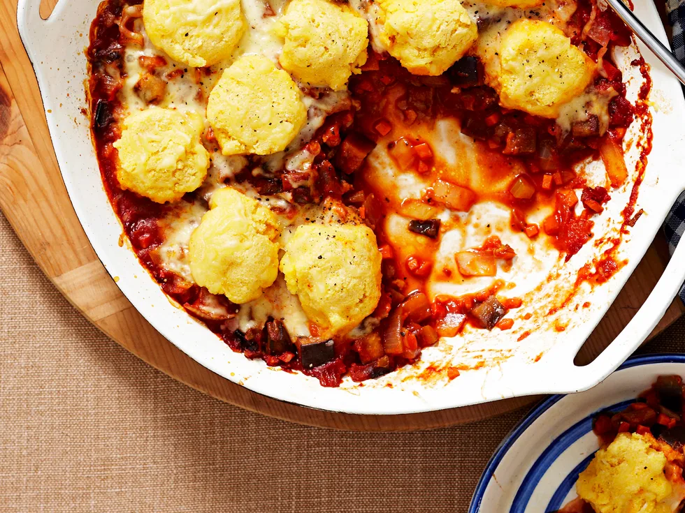 Eggplant bolognese with polenta scones