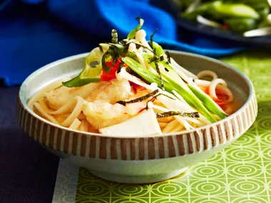 Miso udon soup with prawn and tofu