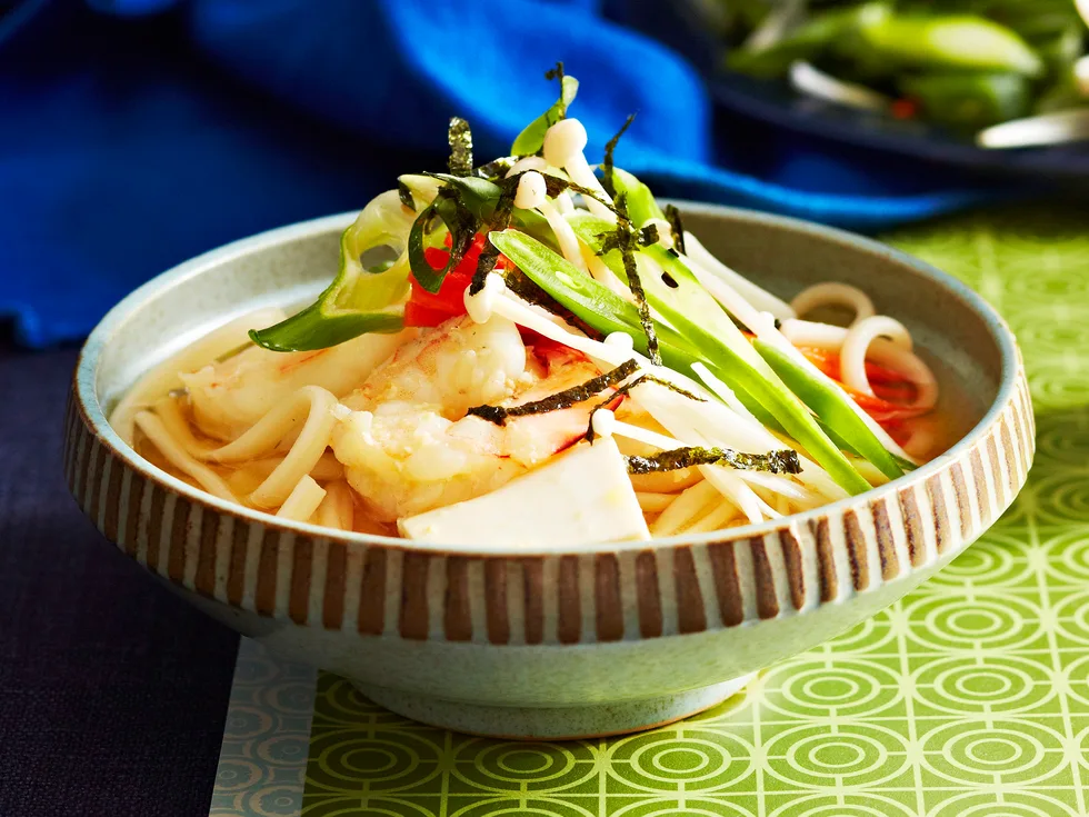 Miso udon soup with prawn and tofu
