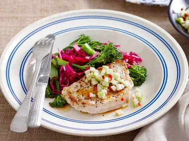 Peppered pork and cabbage with apple salsa