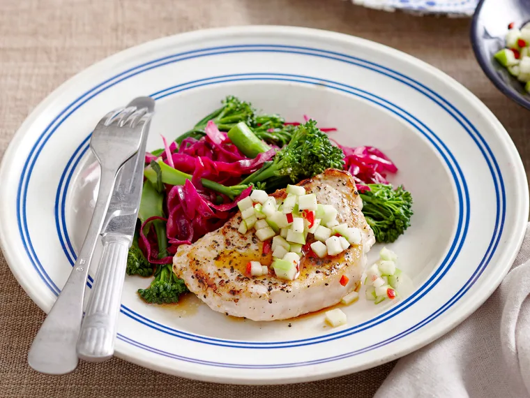 Peppered pork and cabbage with apple salsa