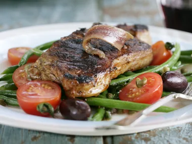 Steaks with Green Bean, Tomato and Olive Salad