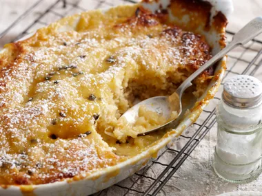 Tropical passionfruit self-saucing pudding