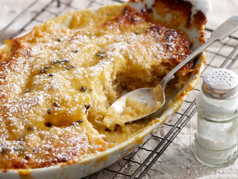 Tropical passionfruit self-saucing pudding