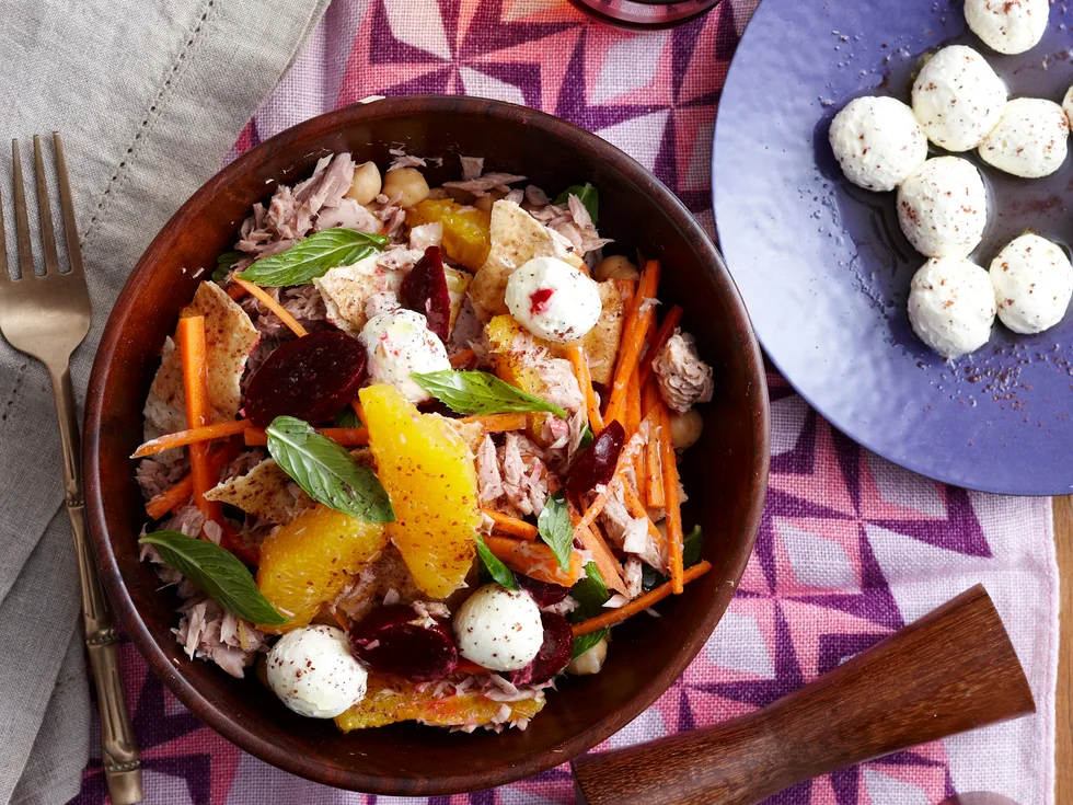 Tuna beetroot fattoush and labne (yoghurt balls)