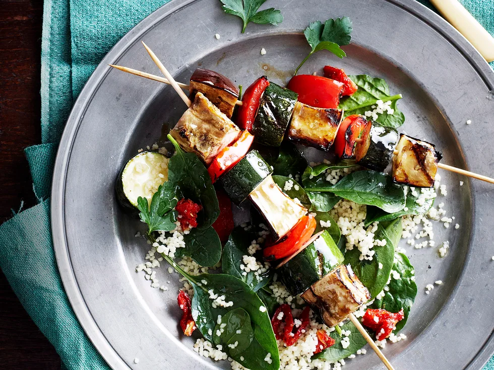 Vegie skewers with parsley and cashew pesto
