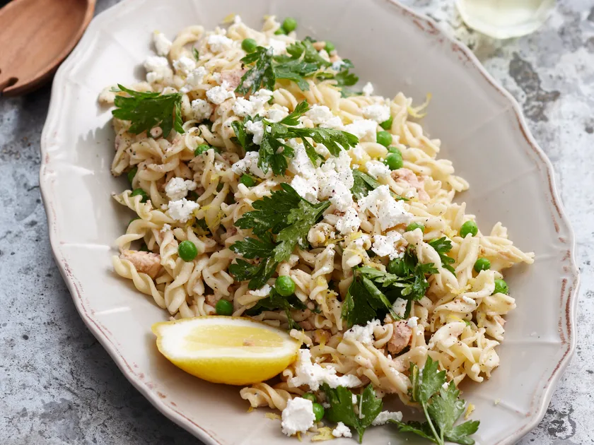 Warm salmon pasta salad