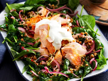 Warm spinach, lentil and salmon salad